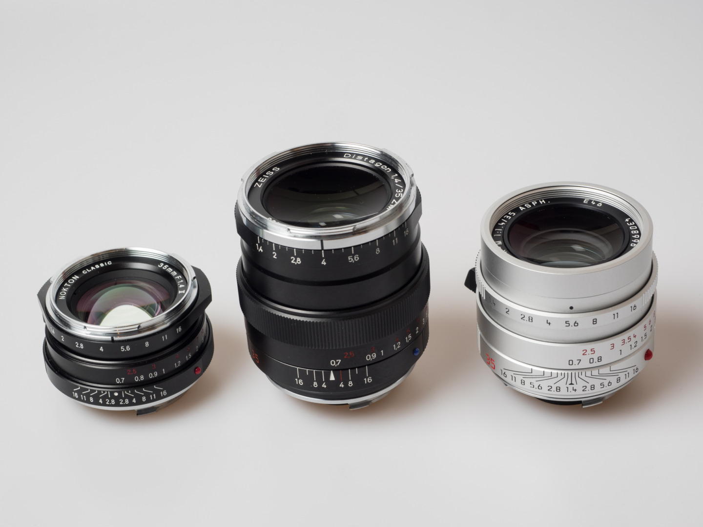 Compared with the tiny, old-Summilux-style Voigtländer (left) and also with the current Summilux FLE, the Distagon is quite massive.