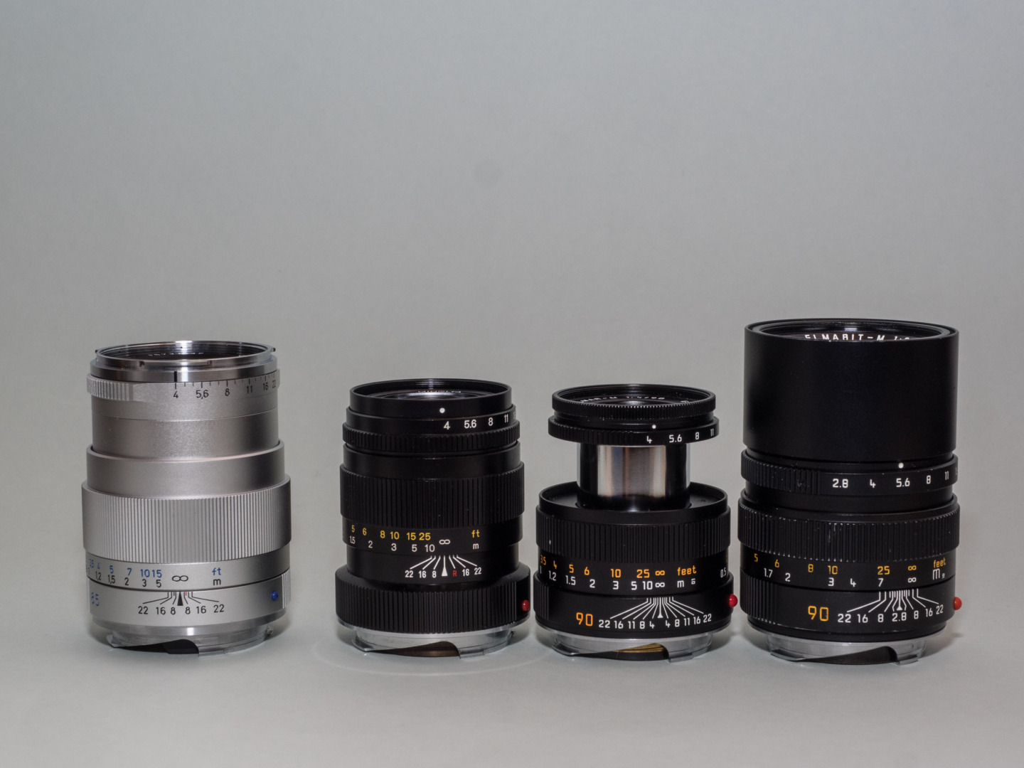 The Zeiss Tele-Tessar 85/4 has very stiff competition. Just to show some of the alternatives: Minolta Rokkor-M 90/4, Leica Macro-Elmar 90/4, Leica Elmarit 90/2.8 (from left). And do also factor in the 75 mm Summarit