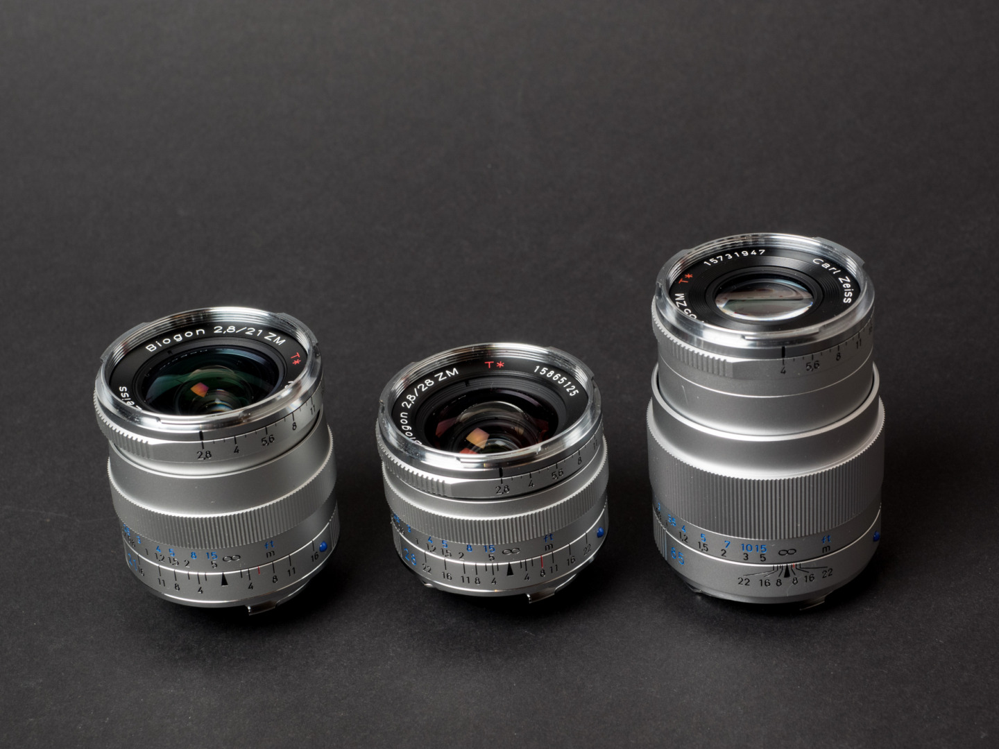 A cute trio: Zeiss Biogon ZM 21/2.8, Biogon 28/2.8, Tele-Tessar 85/4. Together, they cost less than almost any Leica M mount lens