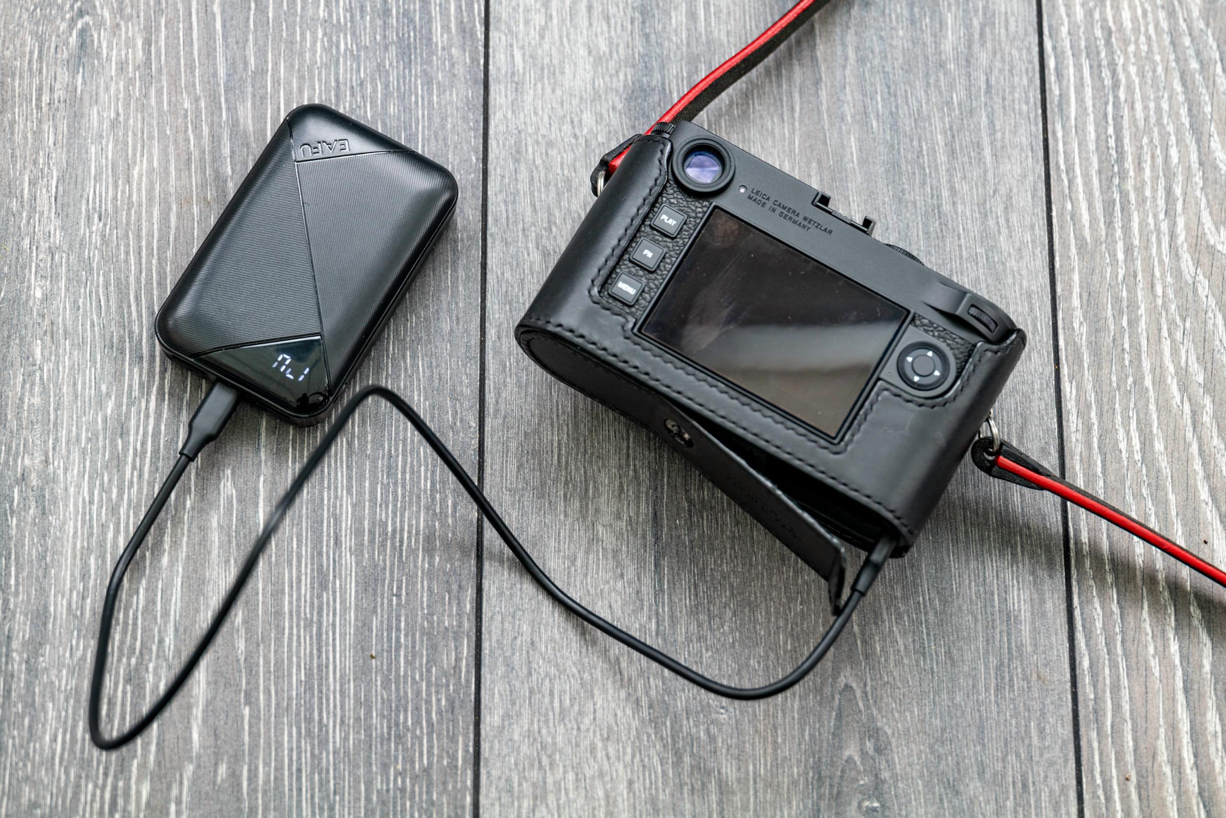 The M11, the bottom feeder among cameras, gets juiced up from a cheap 10,000 mAh powerbank. The M11 battery is rated at 1,800 mAh