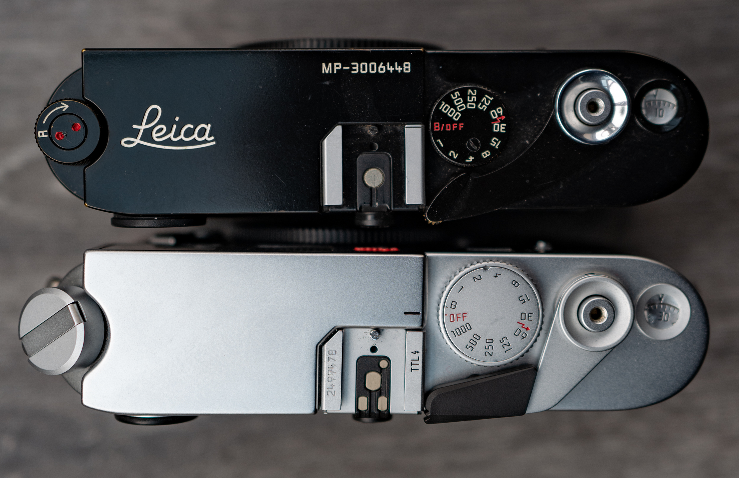 The small shutter-speed dial on the M6 and MP (as here, top) compared with the more modern larger dial on the M6TTL (below)