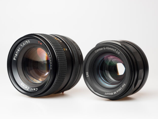 technical illustration of Contax Planar 50/1.4 (ex Y/C Mount, left, conversion by Skyllaney), Contax Planar 45/2 (ex G Mount, right, conversion by Funleader)