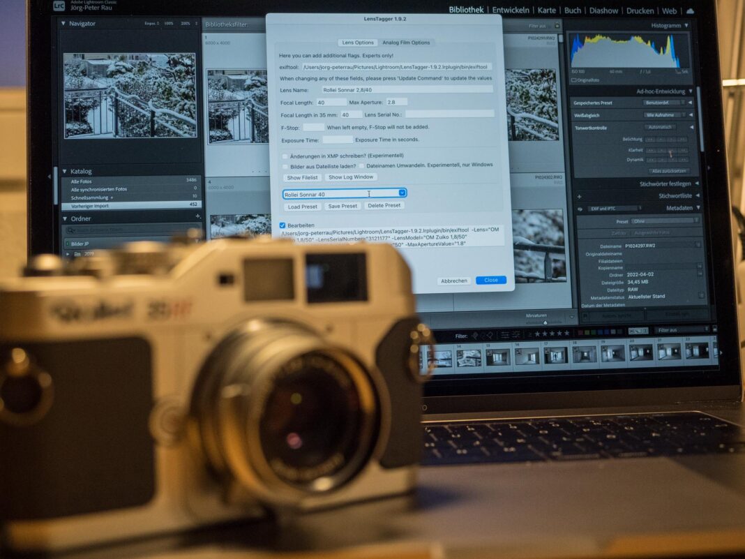 Rollei 35RF camera and computer with the LensTagger Lightroom plugin on the screen
