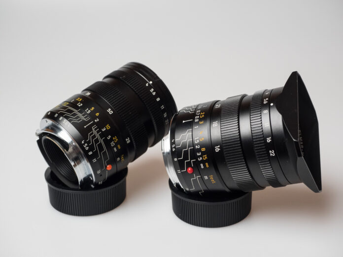 Product image shows Leica Tri-Elmar 16-18-21/4 WATE and Leica Tri-Elmar 28-35-50/4 MATE