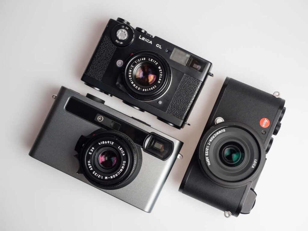 product images of Pixii rangefinder camera, analogue Leica CL, digital Leica CL