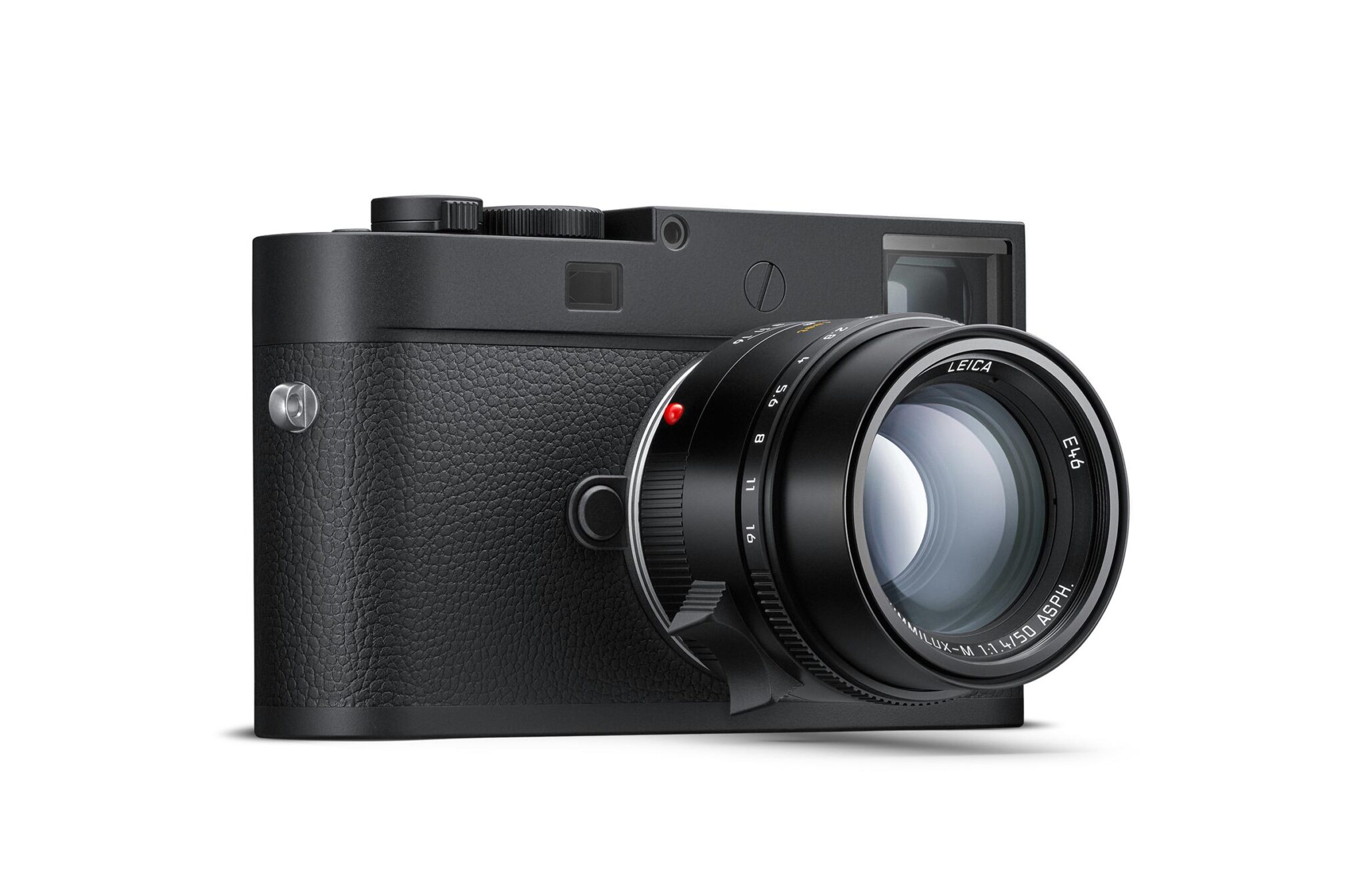 A black digital camera with a distinct textured body and a large lens, positioned at an angle to showcase the front and side.