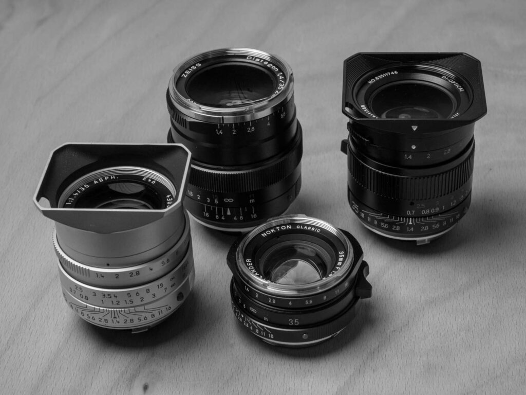 Product images shows several lenses 35mm f/1.4 of different brands to illustrate Leica prices