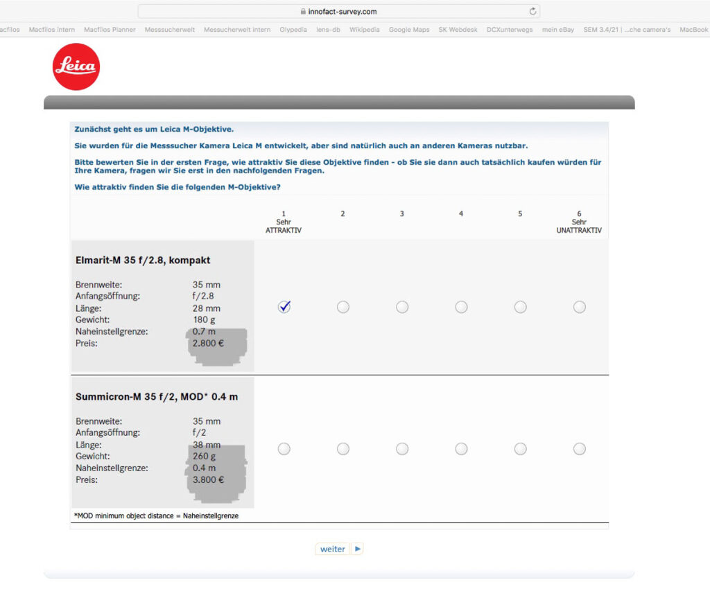 Screenshot of customer survey that researches, among other, the readiness to pay high Leica prices