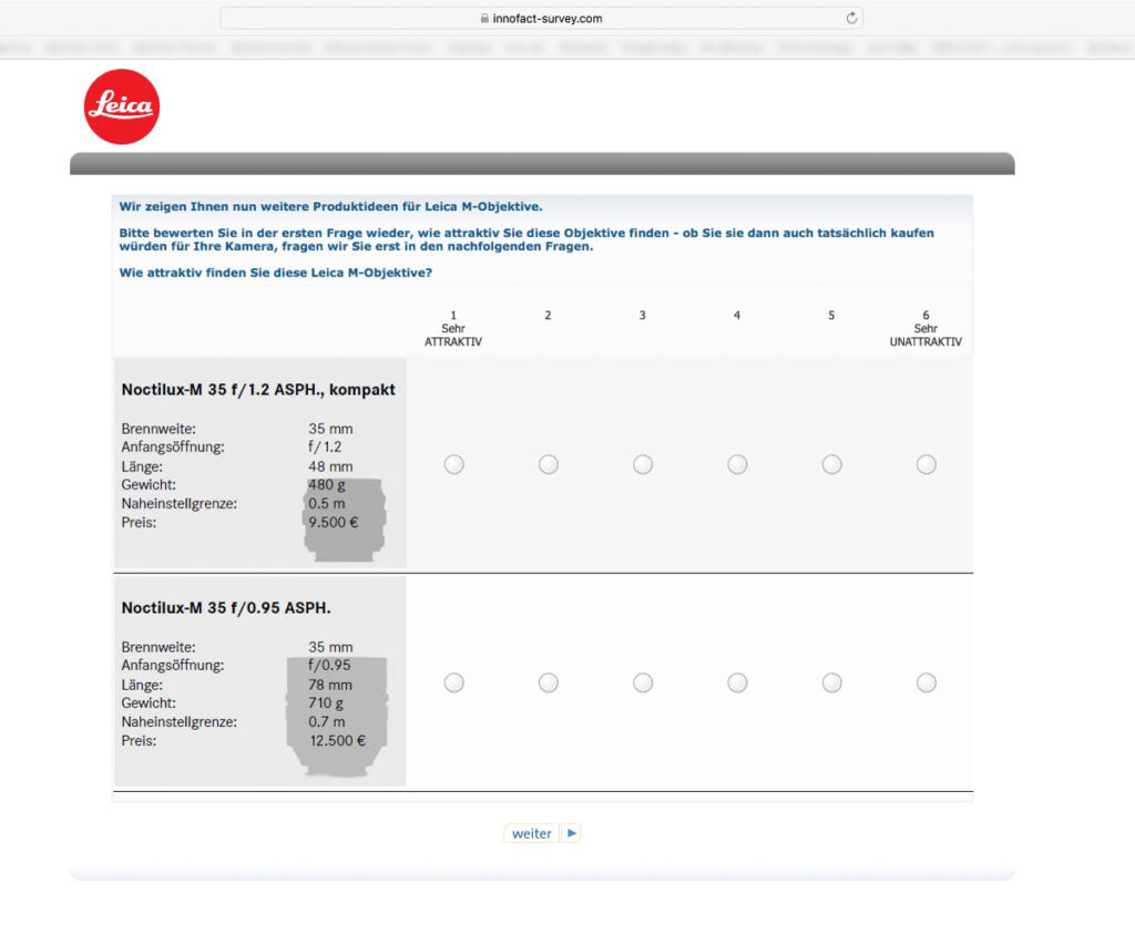 Screenshot of customer survey that researches, among other, the readiness to pay high Leica prices