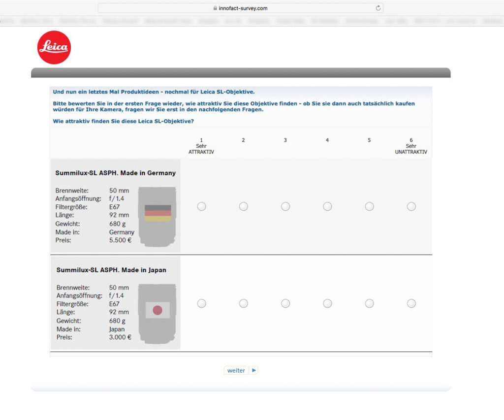 Screenshot of customer survey that researches, among other, the readiness to pay high Leica prices