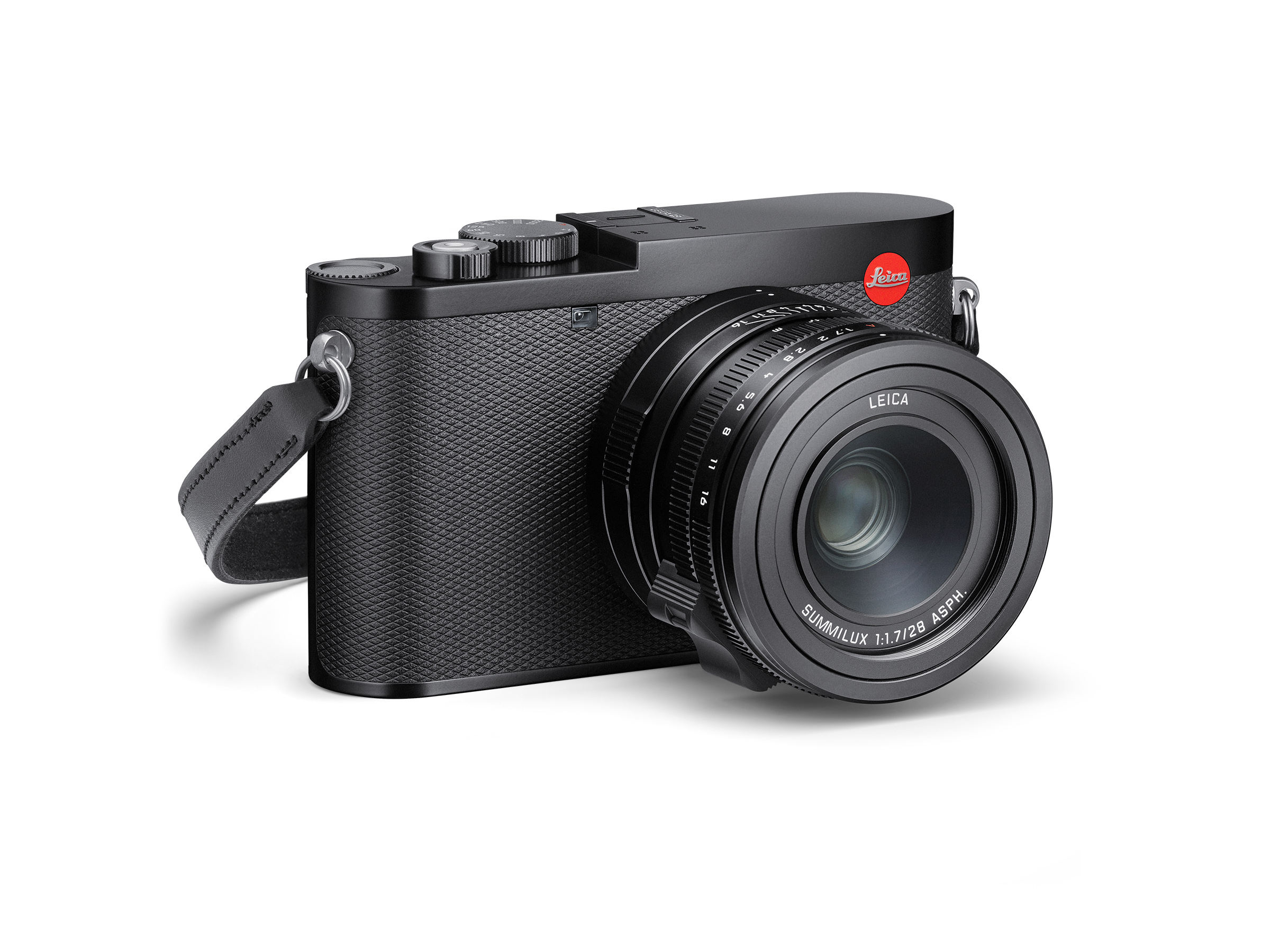 A Leica Q3 camera positioned at an angle, showcasing its compact design and sleek black finish.