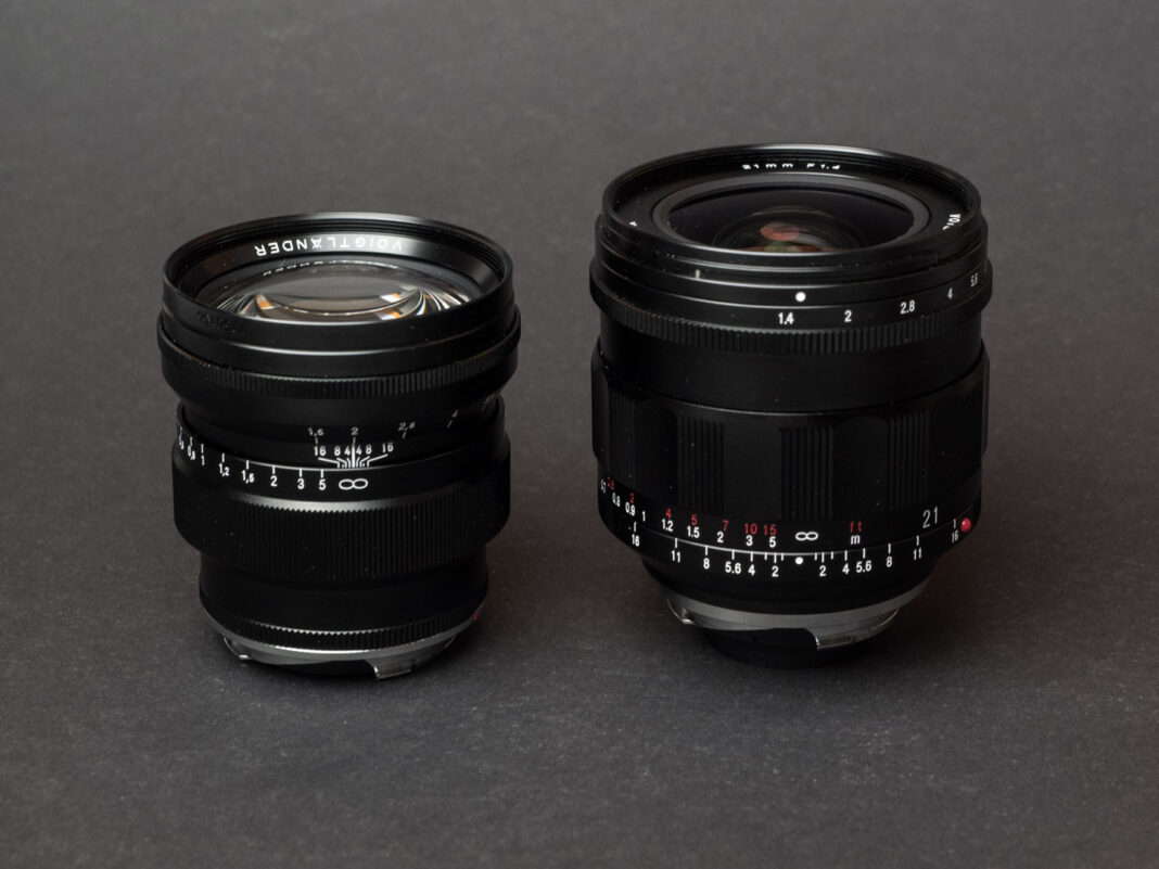 Product image shows Voigtländer Nokton VM 21/1.4 and 75/1.5 Leica M-Mount rangefinder lenses