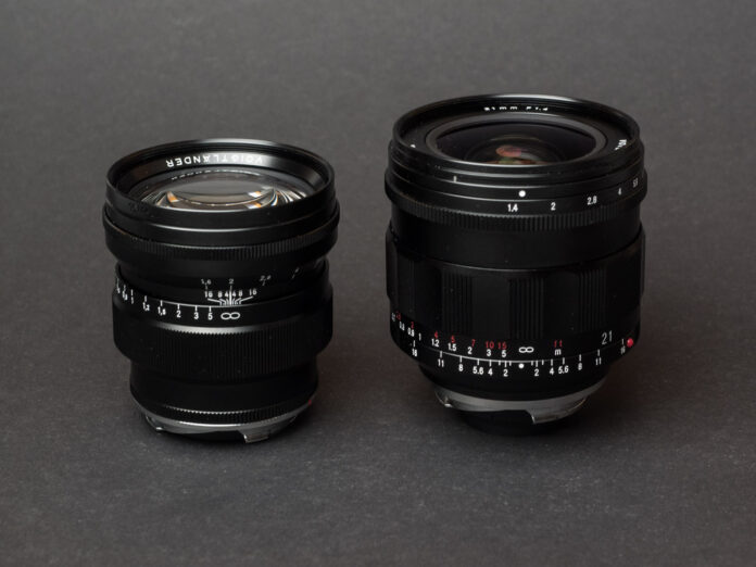 Product image shows Voigtländer Nokton VM 21/1.4 and 75/1.5 Leica M-Mount rangefinder lenses