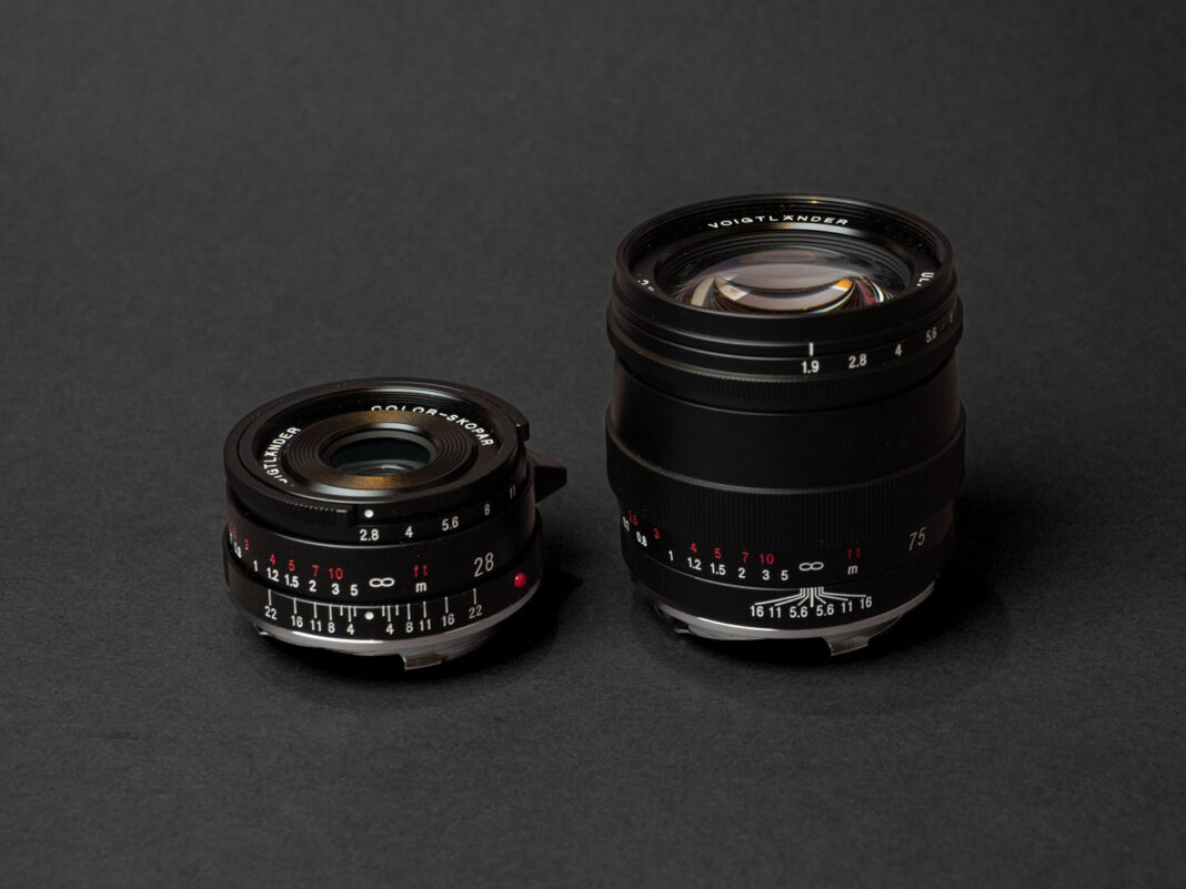 Product image shows Voigtländer Color-Skopar 28/2.8 and Ultron 75/1.9