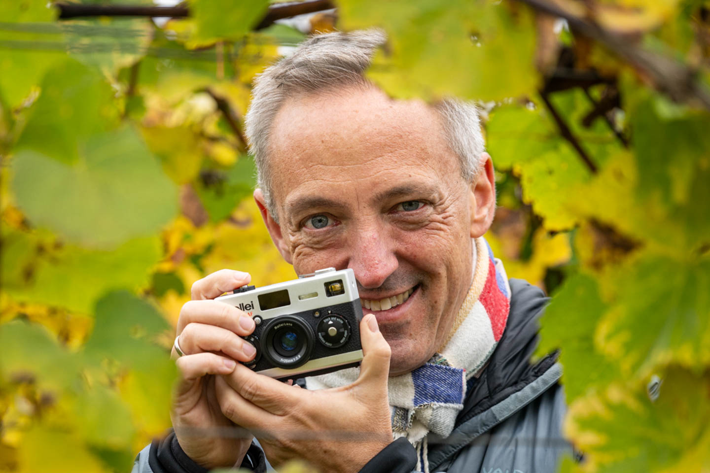 Image shows Jörg-Peter Rau using the new (2024) Rollei 35AF film camera