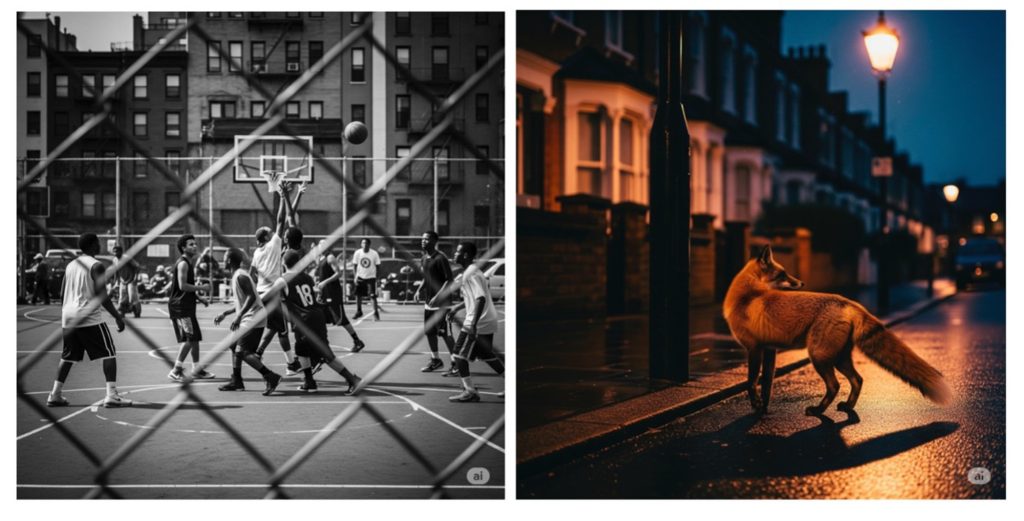 Side-by-side images of an outdoor basketball game and a fox on an urban street