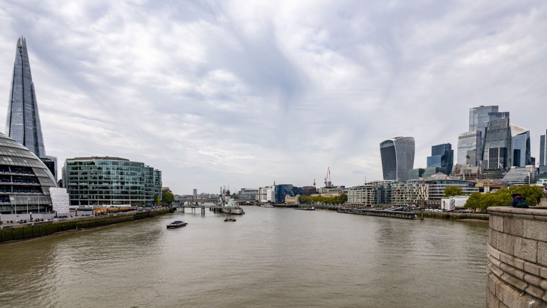 Wide-angle view of South Bank and City of London taken from Tower Bridge