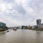 Wide-angle view of South Bank and City of London taken from Tower Bridge