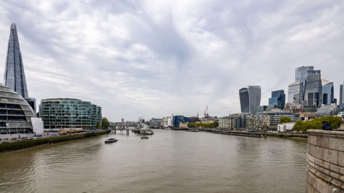 Wide-angle view of South Bank and City of London taken from Tower Bridge