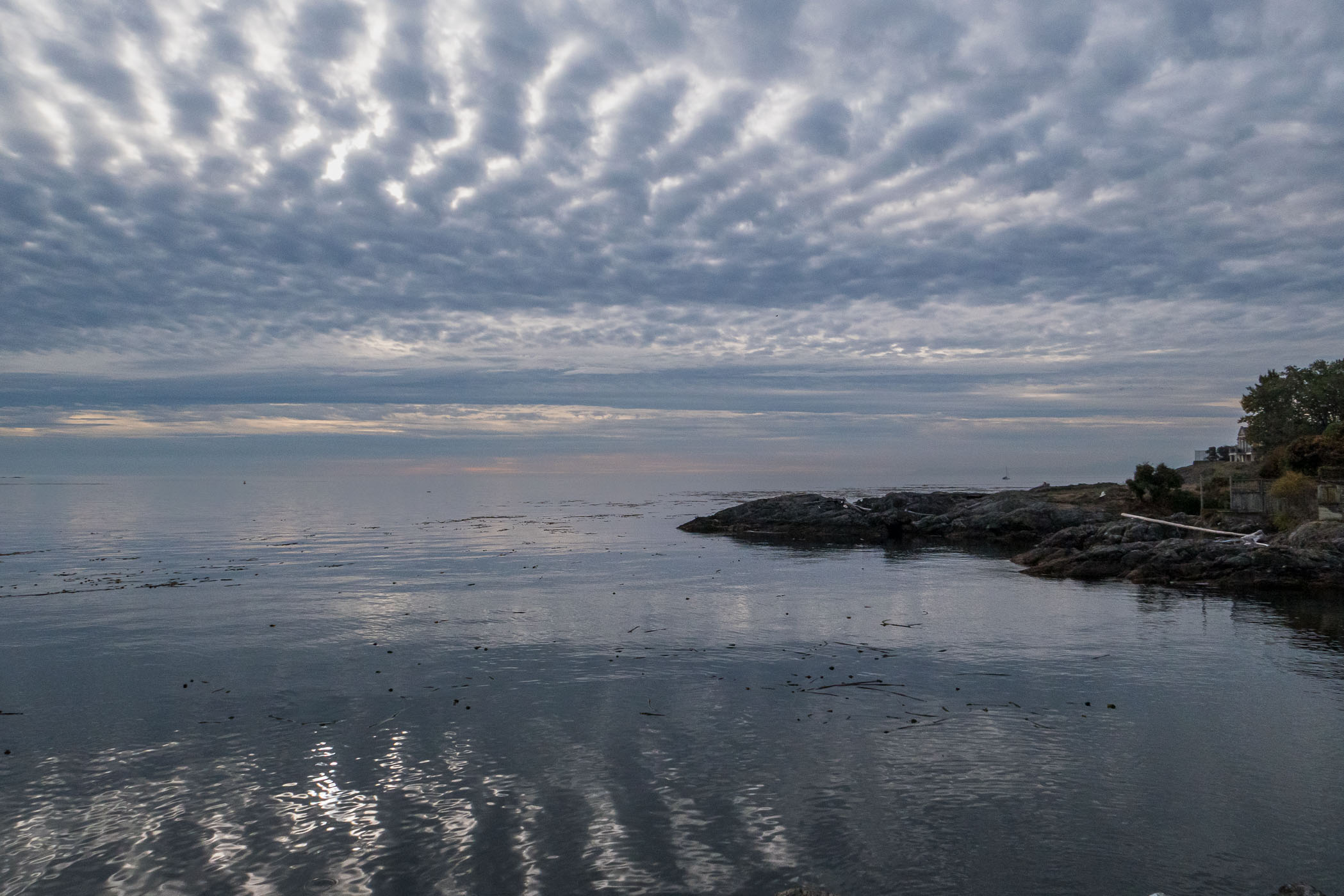 A serene view of calm waters reflecting a cloudy sky, with rocky shoreline and distant land visible in the background.