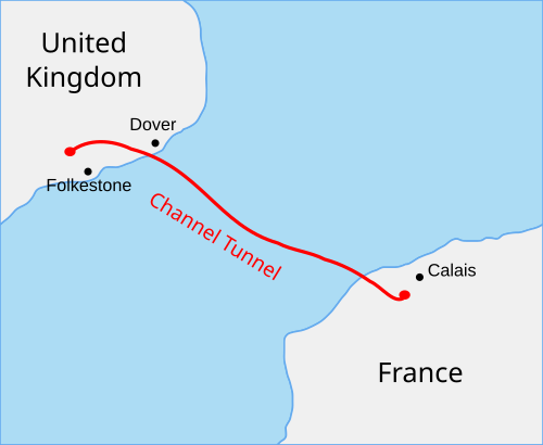 Map showing the route of the Channel Tunnel between Folkestone in the United Kingdom and Calais in France.