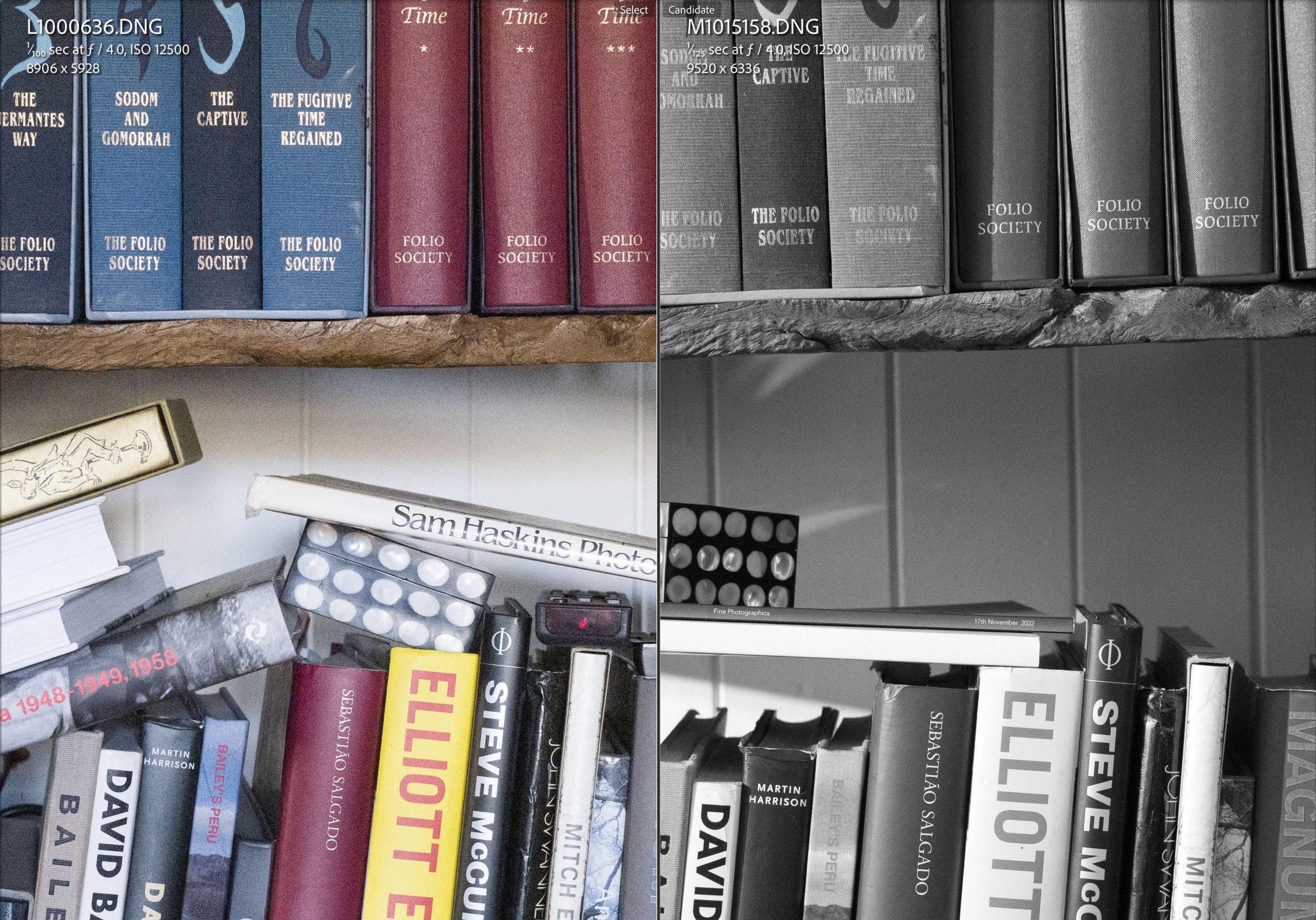 A collage of two images showing a bookshelf filled with various books, one in color and the other in black and white. The shelf features titles from the Folio Society along with photography books, highlighting the contrast in styles.