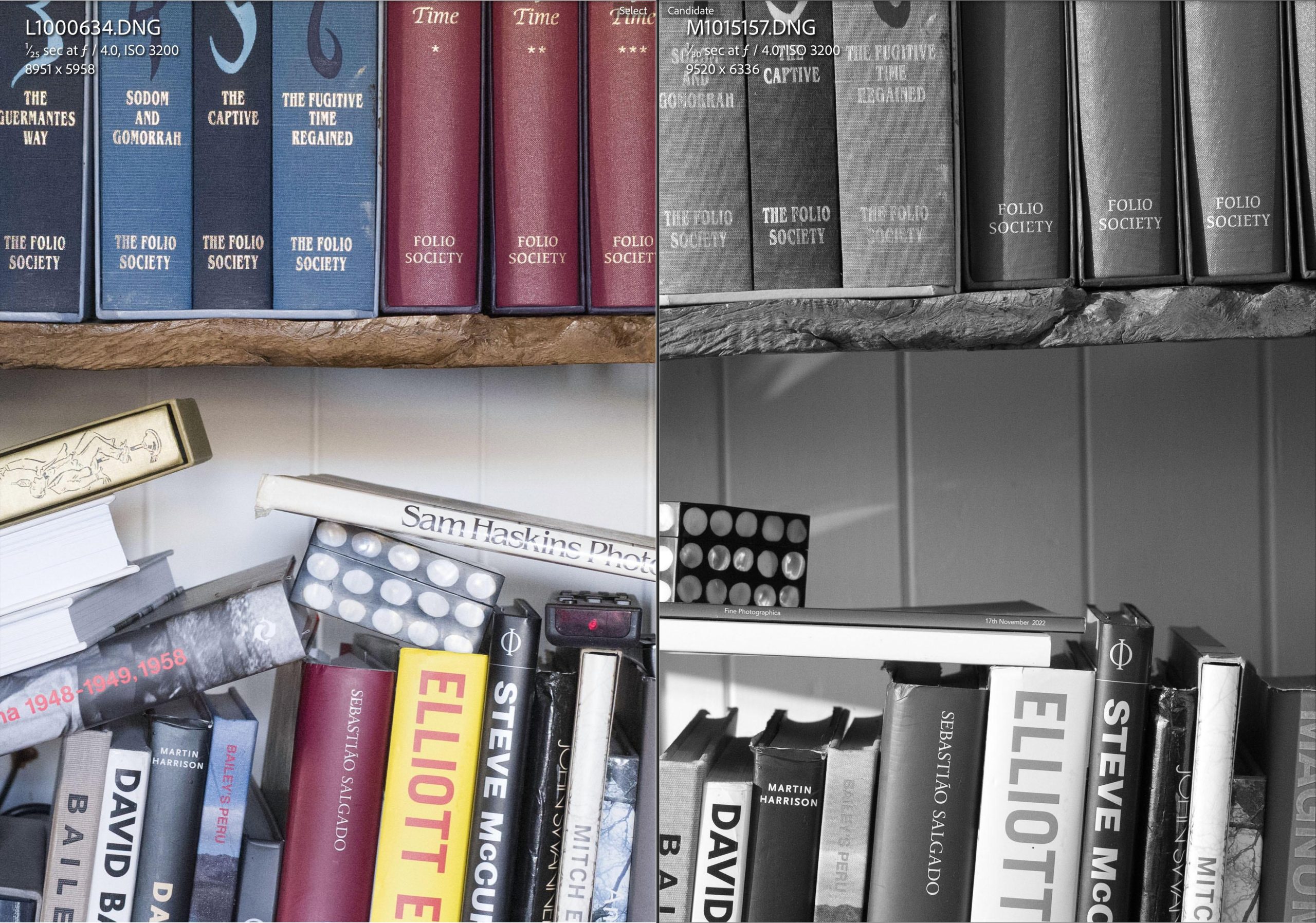 A cluttered bookshelf displaying a variety of books with distinct covers, showcasing titles from The Folio Society, alongside additional photography books in a cozy indoor setting.