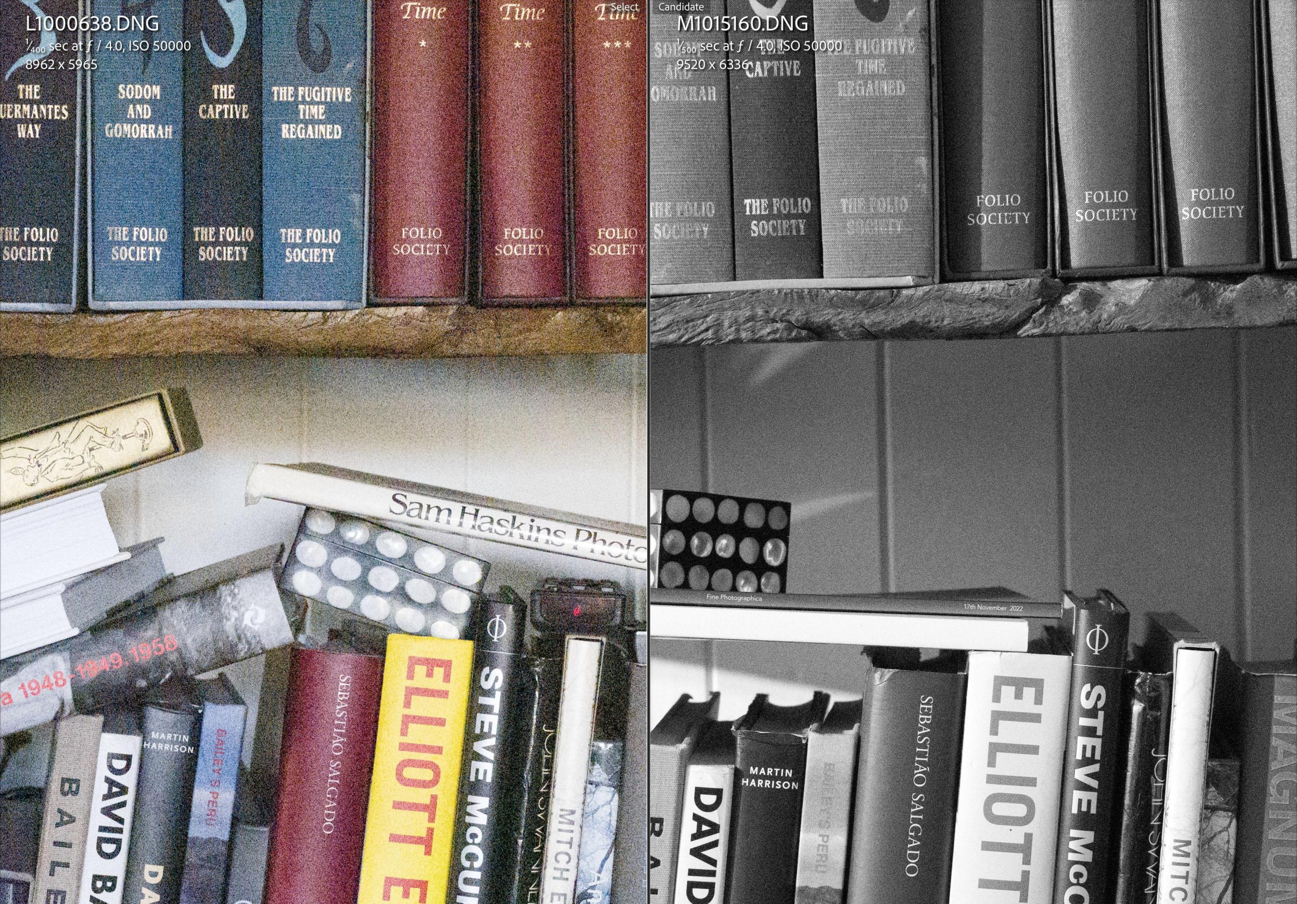 Close-up of a bookshelf filled with various books, featuring bindings in different colors and styles, some with visible titles and authors.