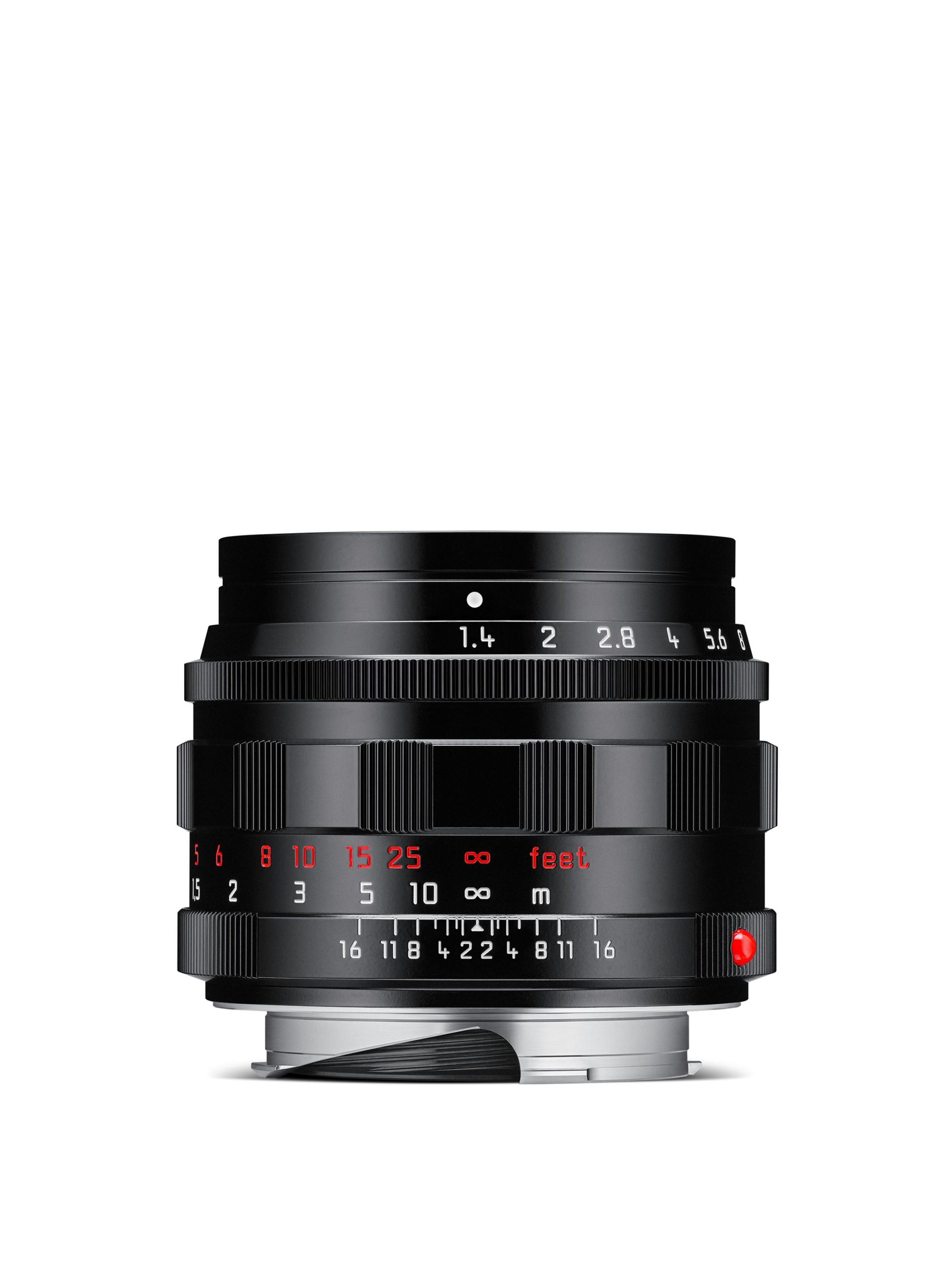 Side view of a Leica Summilux-M 50 f/1.4 lens featuring a glossy black finish, red feet markings, and a metal mount.