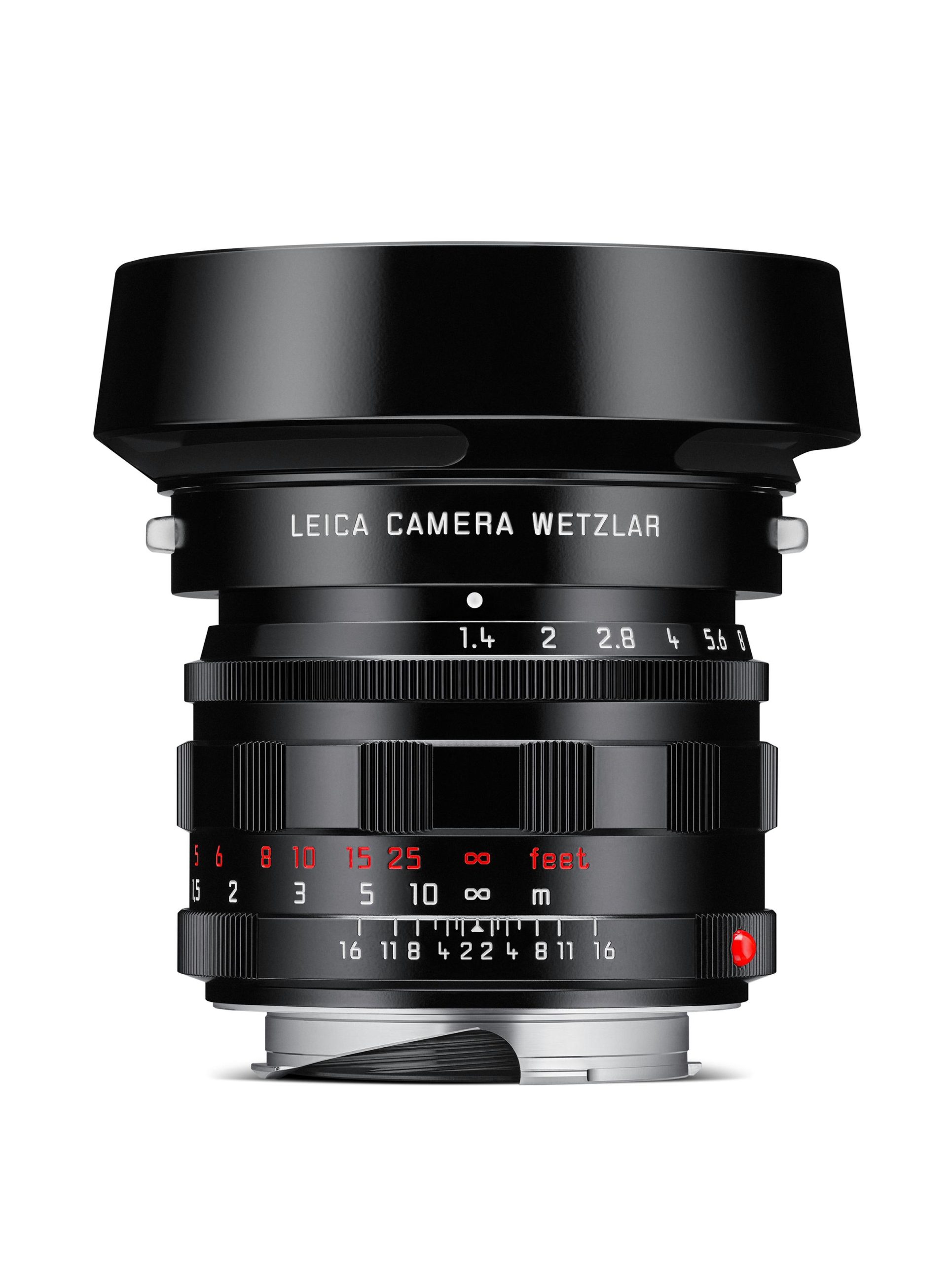 Close-up of the Leica Summilux-M 50 f/1.4 lens featuring a glossy black finish and red marking scales.