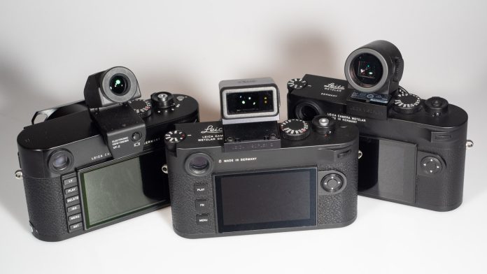 Image shows Leica M camera with Leica electronic viewfinders: M240, M11-P, M10 Monochrom (l-r)