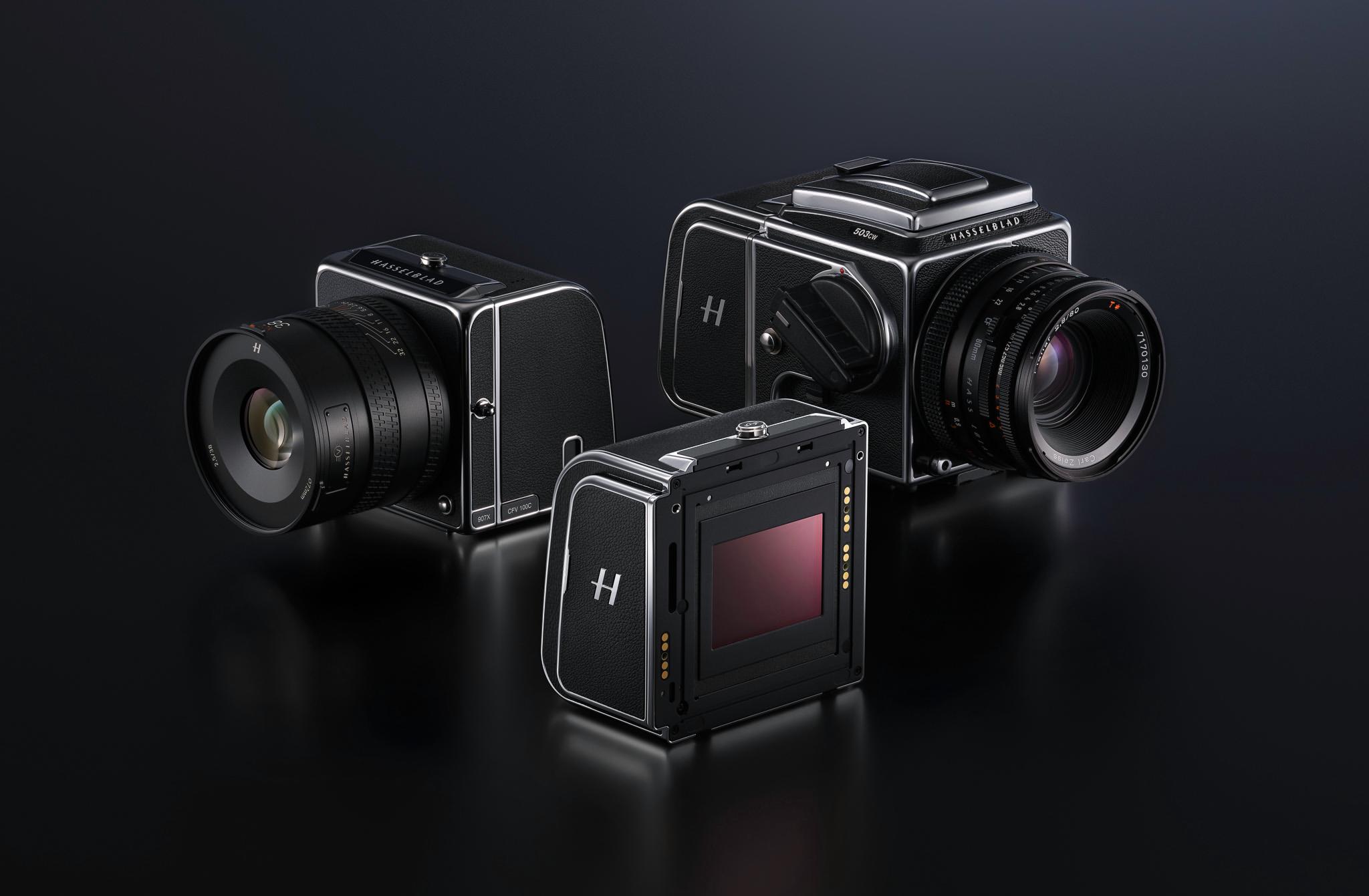 Hasselblad CFV 100C, unmounted and attached to 907X and a 500-series bodies