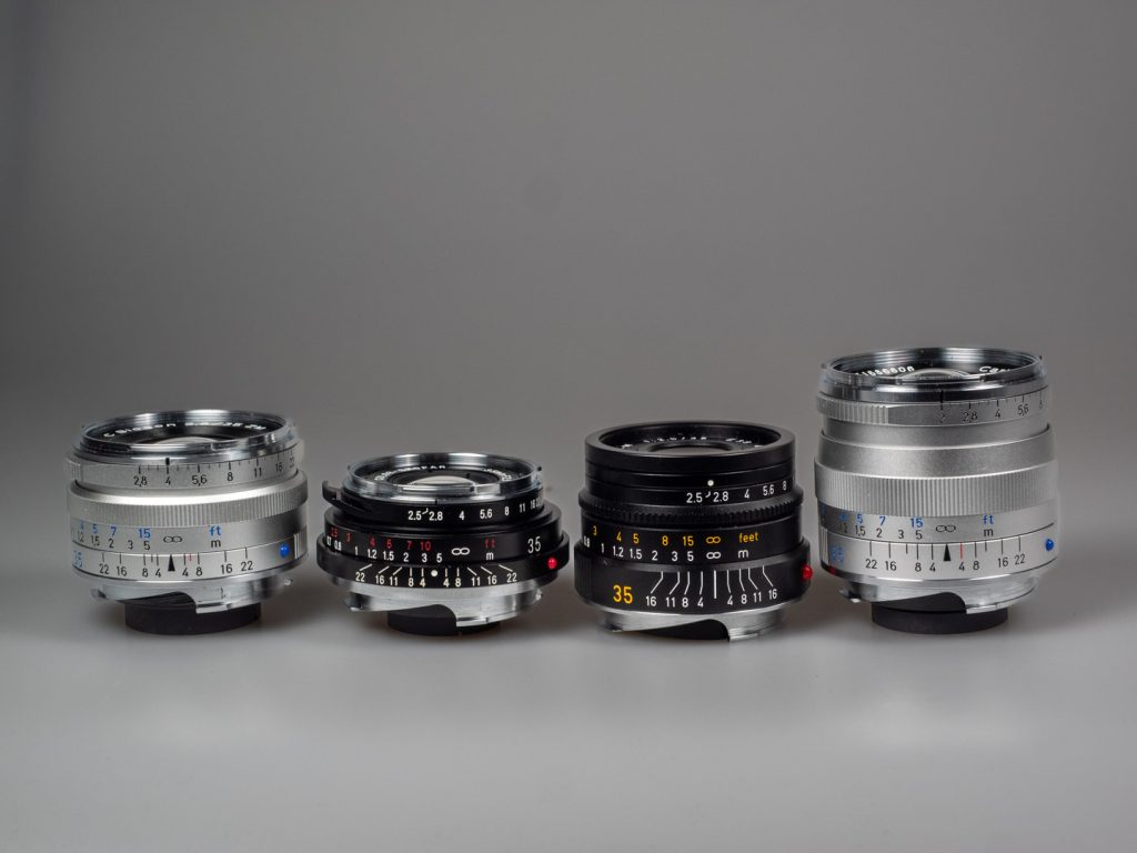 Product image shows Zeiss ZM C lens, C Biogon 35/2.8, with other 35mm lenses from Voigtländer, Leica, and Zeiss