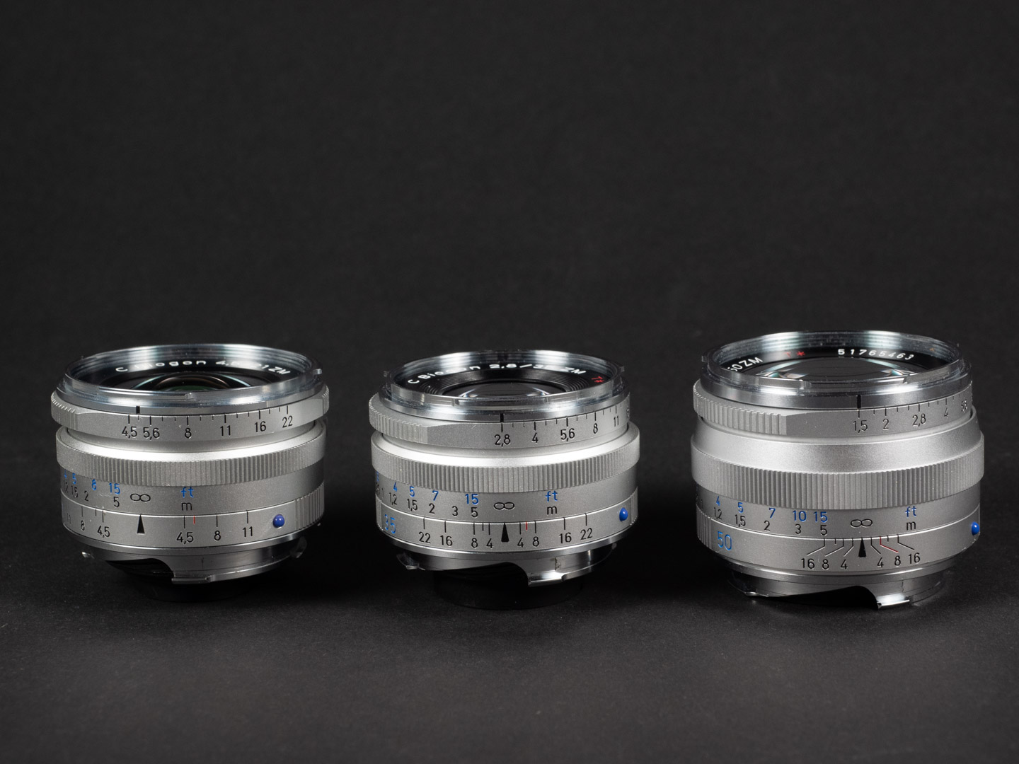 Product image shows Zeiss ZM C lenses, Biogon 21/4.5; Biogon 35/2.8; Sonnar 50/1.5 (l-r)