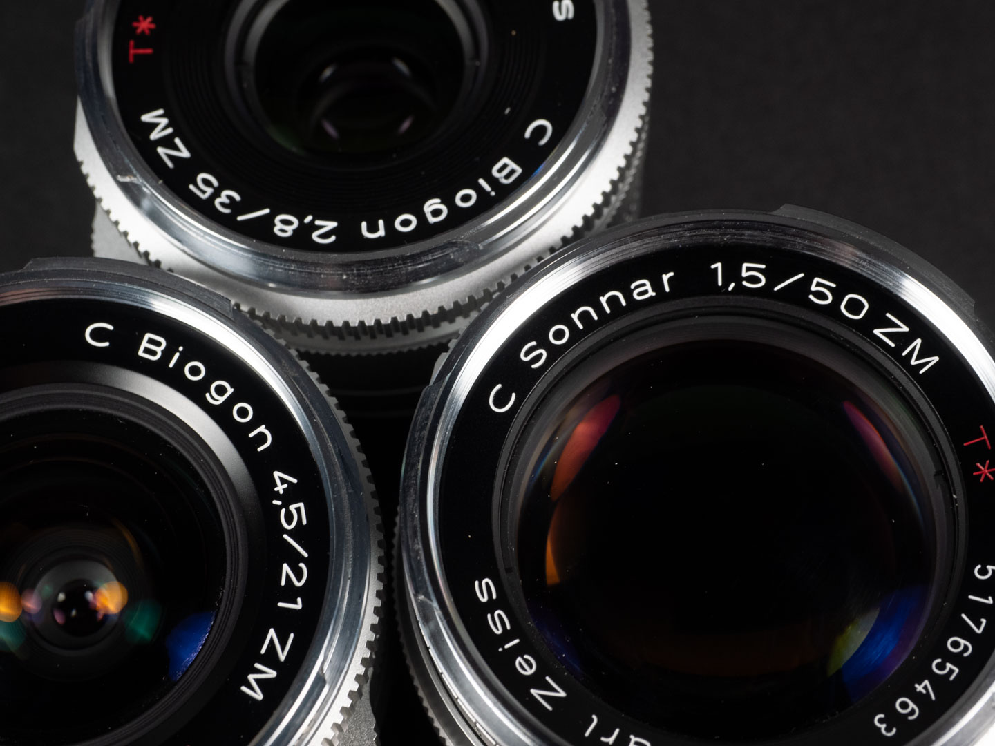 Product image shows Zeiss ZM C lenses, Biogon 21/4.5; Biogon 35/2.8; Sonnar 50/1.5