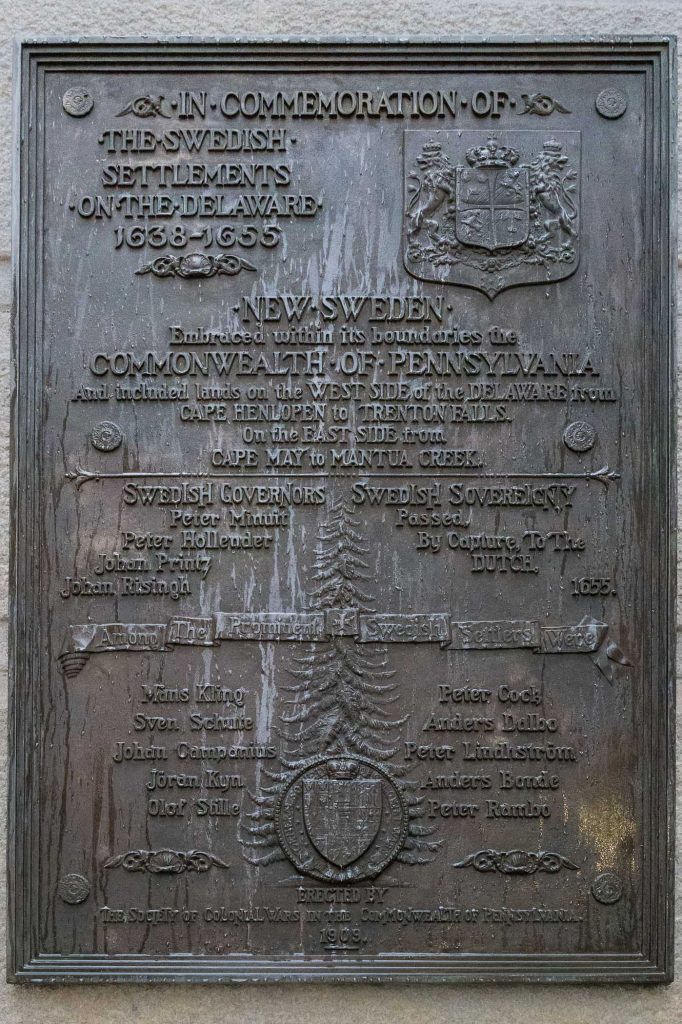 Plaque commemorating the Swedish settlements on the Delaware River, detailing historical information about the New Sweden colony and its governors.