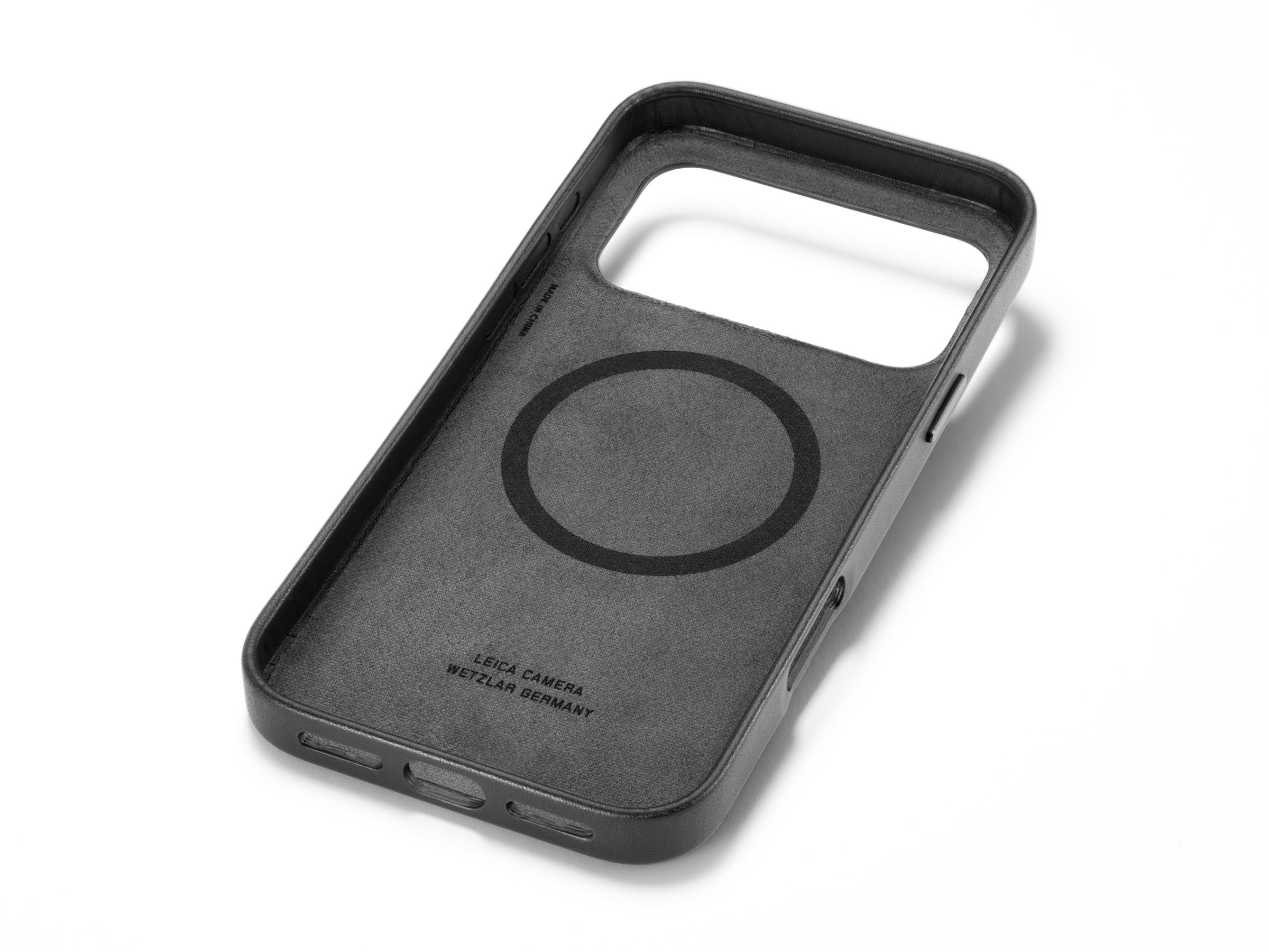 Black smartphone case with a textured interior featuring a circular design and branding for Leica Camera, Wetzlar Germany.