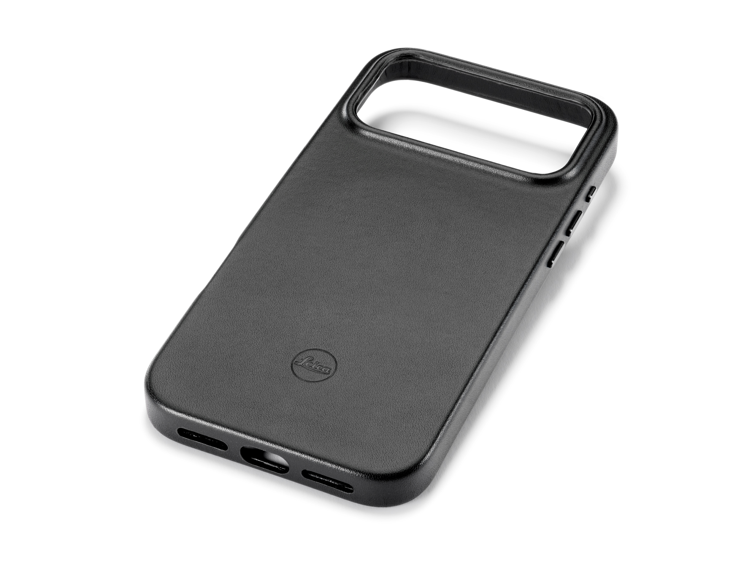 Black smartphone case with a cutout design for a camera and openings for charging ports.