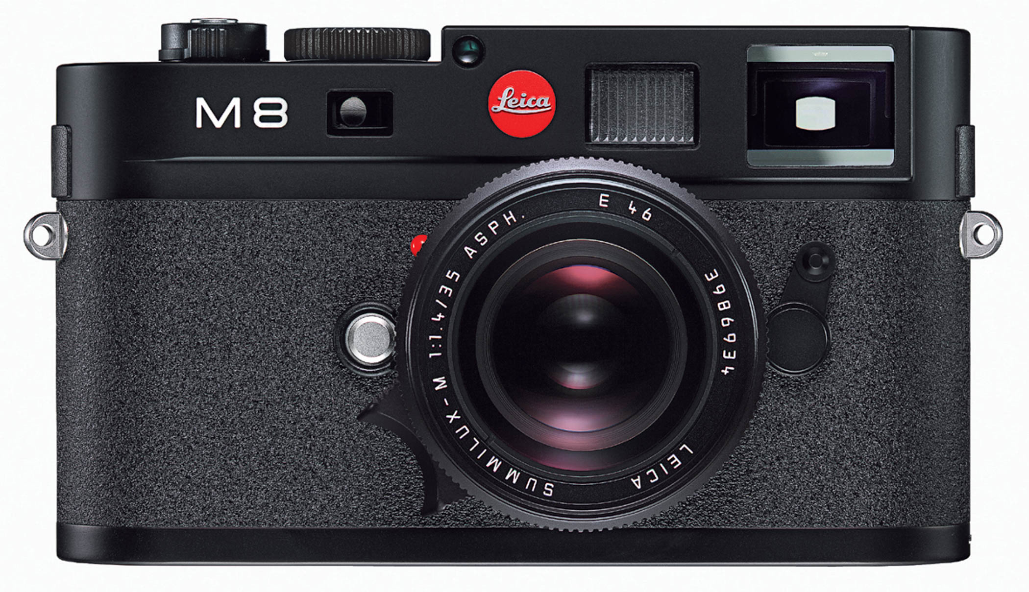 A front view of a Leica M8 camera featuring a textured black body and a prominent lens.