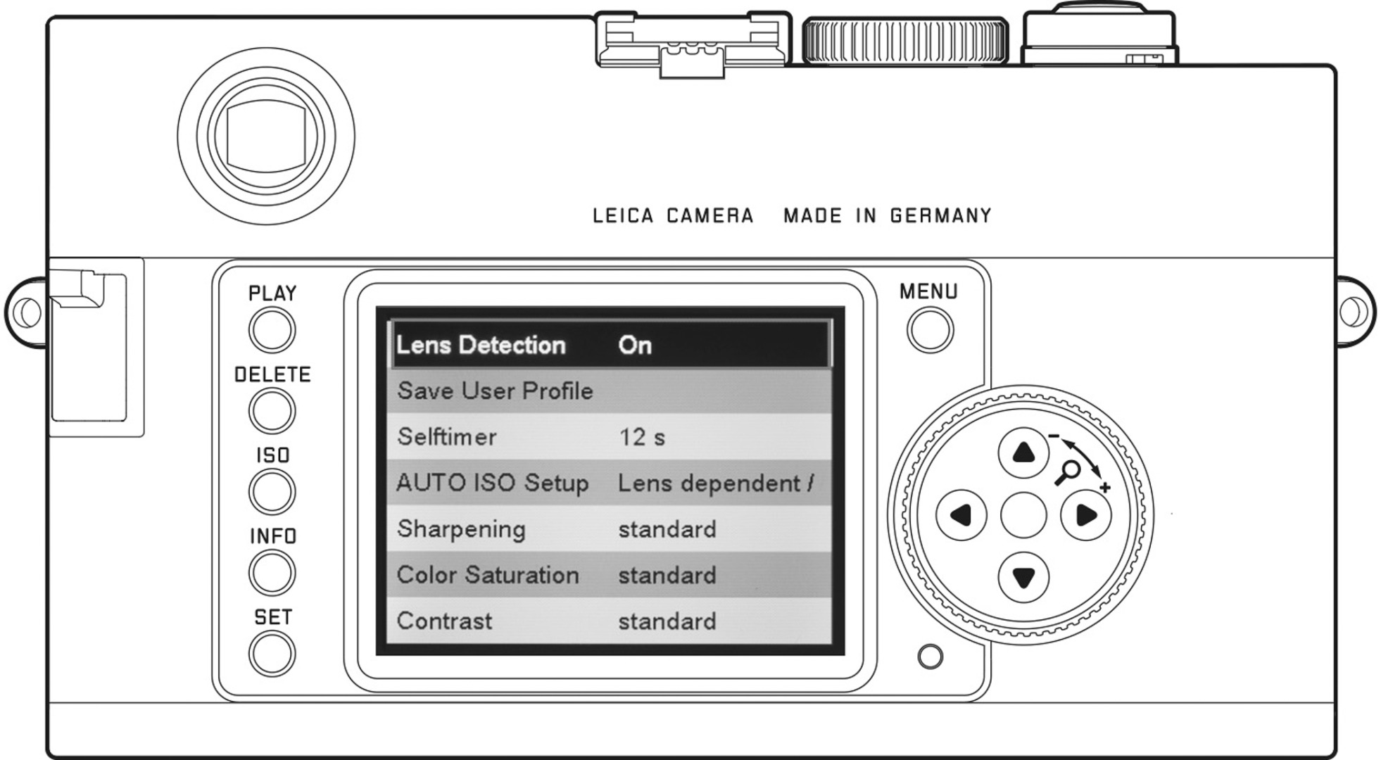 An illustration of the back view of a Leica camera showing various buttons and a digital display with settings for lens detection, self-timer, auto ISO setup, sharpening, color saturation, and contrast.