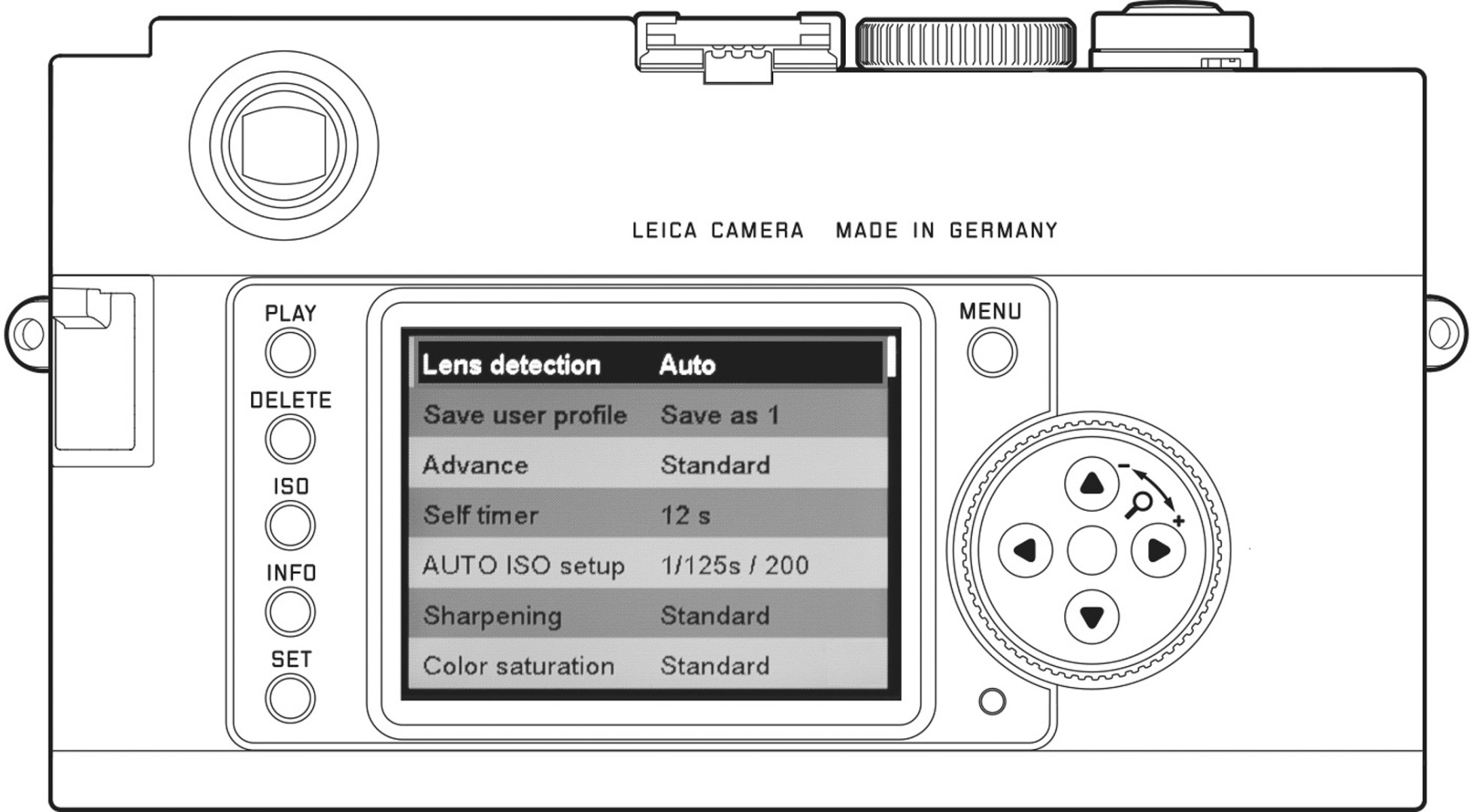 Back view of a Leica camera displaying menu settings including lens detection, user profile save options, self timer, auto ISO setup, sharpening, and color saturation.