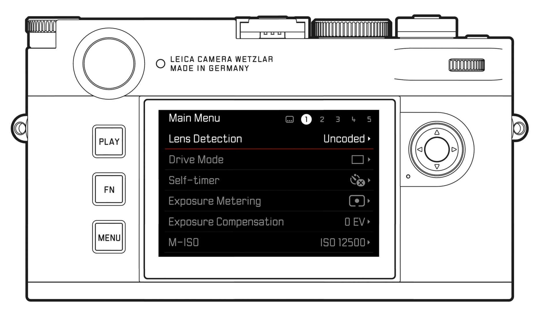 Top view of a Leica camera displaying the main menu with options such as lens detection, drive mode, self-timer, exposure metering, exposure compensation, and ISO settings.