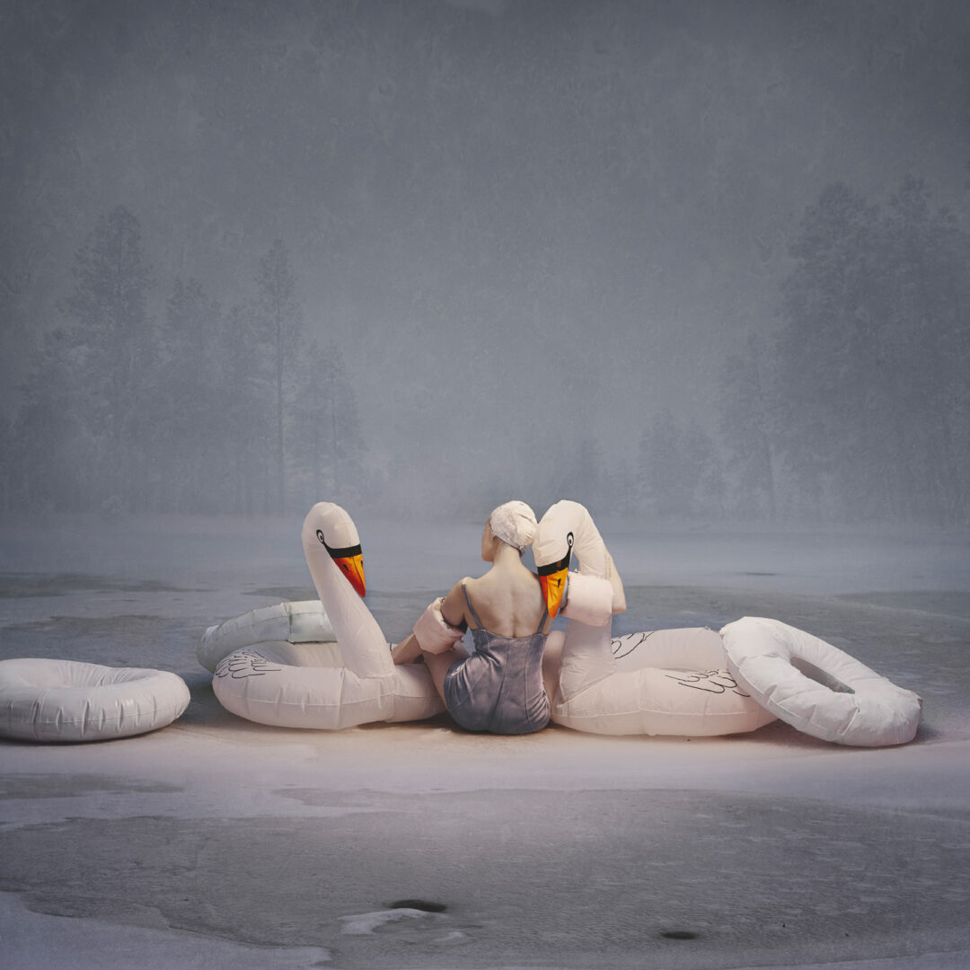 A person sitting on an inflatable swan float in a frozen landscape, with a misty background and surrounding trees.