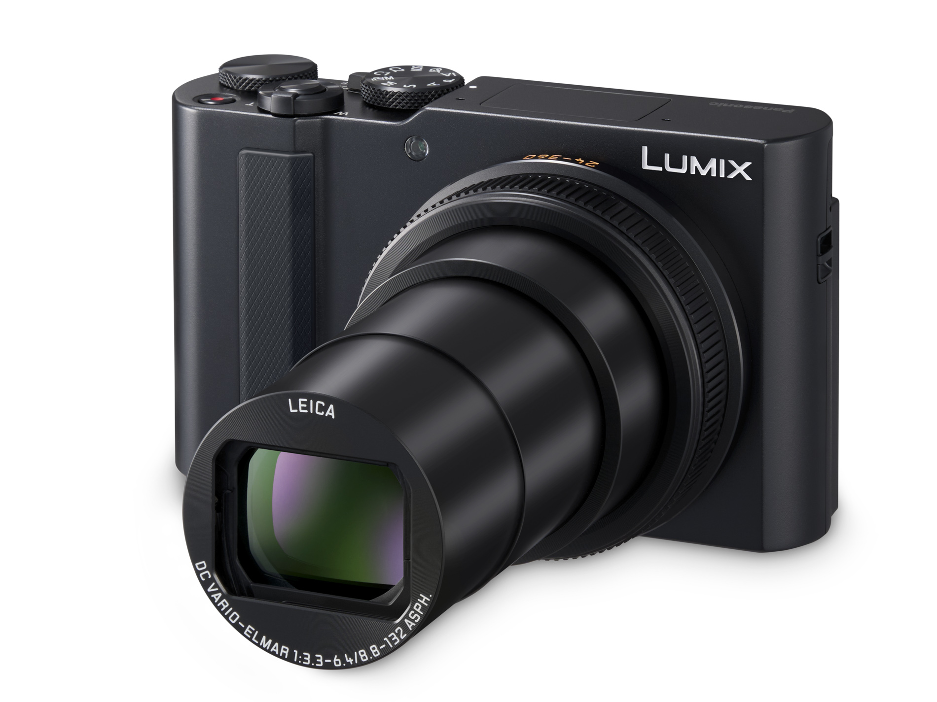 A Panasonic Lumix compact camera with a sleek black design, featuring a retractable lens and various control dials.