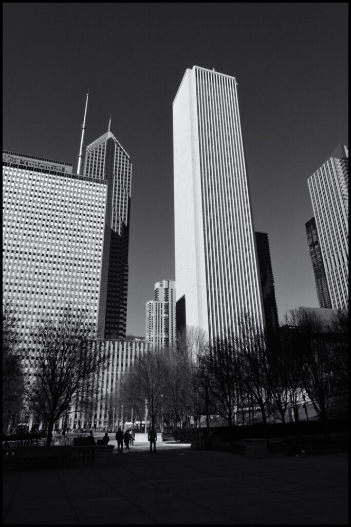 A black and white photograph of tall buildings in an urban setting, with people walking in the foreground and bare trees lining the pathway.