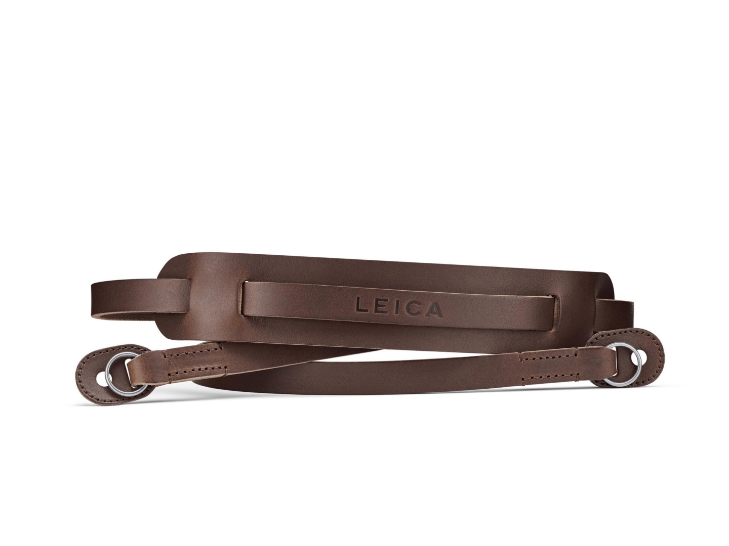 Cark brown leather carrying strap for the Leica M11-P in metallic grey