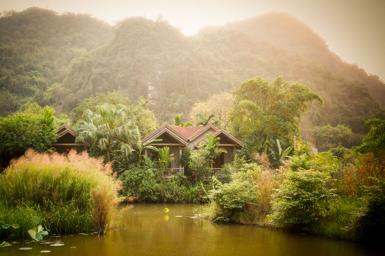 Scenic view of a tranquil lake surrounded by lush greenery and mountains, featuring wooden houses with red roofs nestled among the plants.