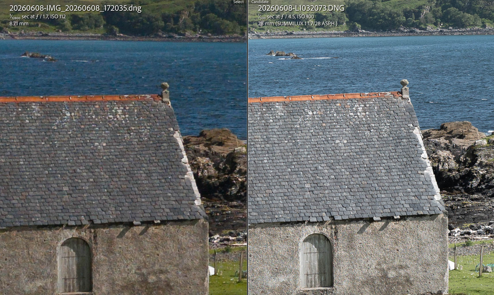 Split image showing a close-up of a rustic stone building with a slate roof, situated by the water's edge with a rocky shoreline and calm sea in the background.