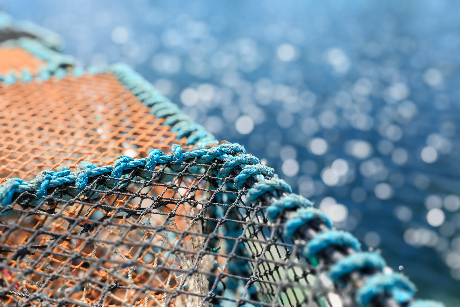 Close-up of a fishing net with colorful ropes against a blurred blue water background, creating a bokeh effect.