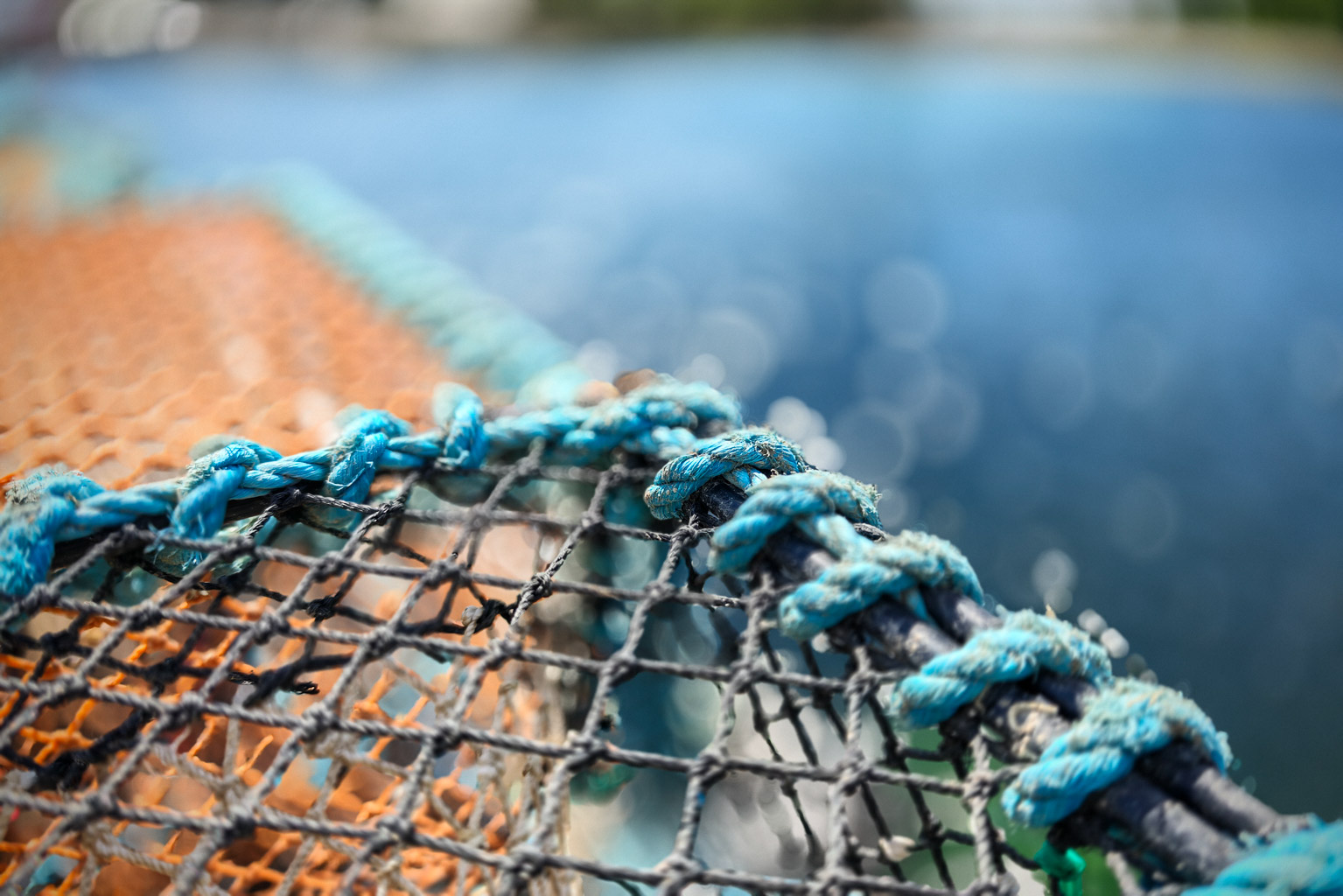 Close-up of a fishing net with blue ropes and an orange section, set against a blurred water background.